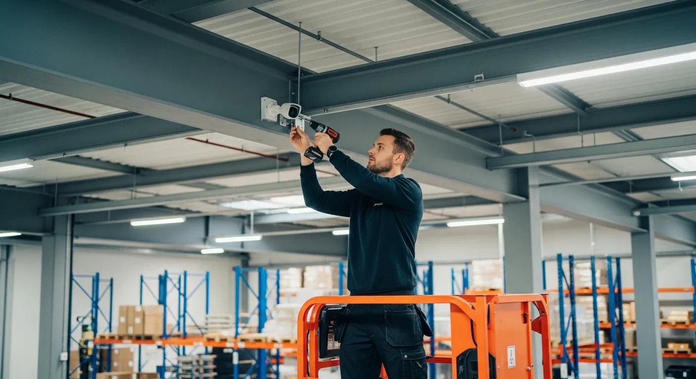 Engineer fitting a CCTV camera in a warehouse