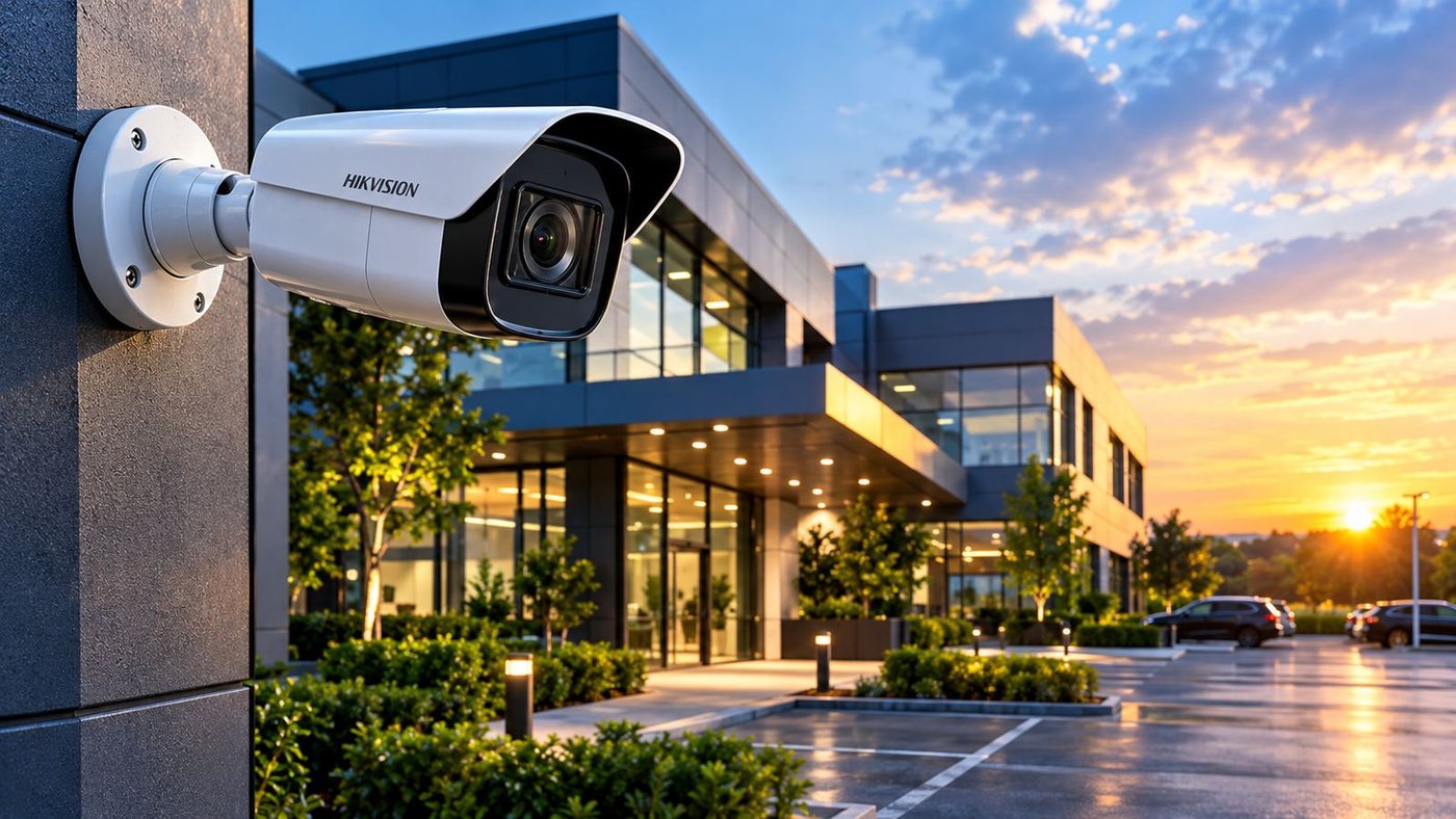 Hikvision camera on a modern London commercial building at sunset