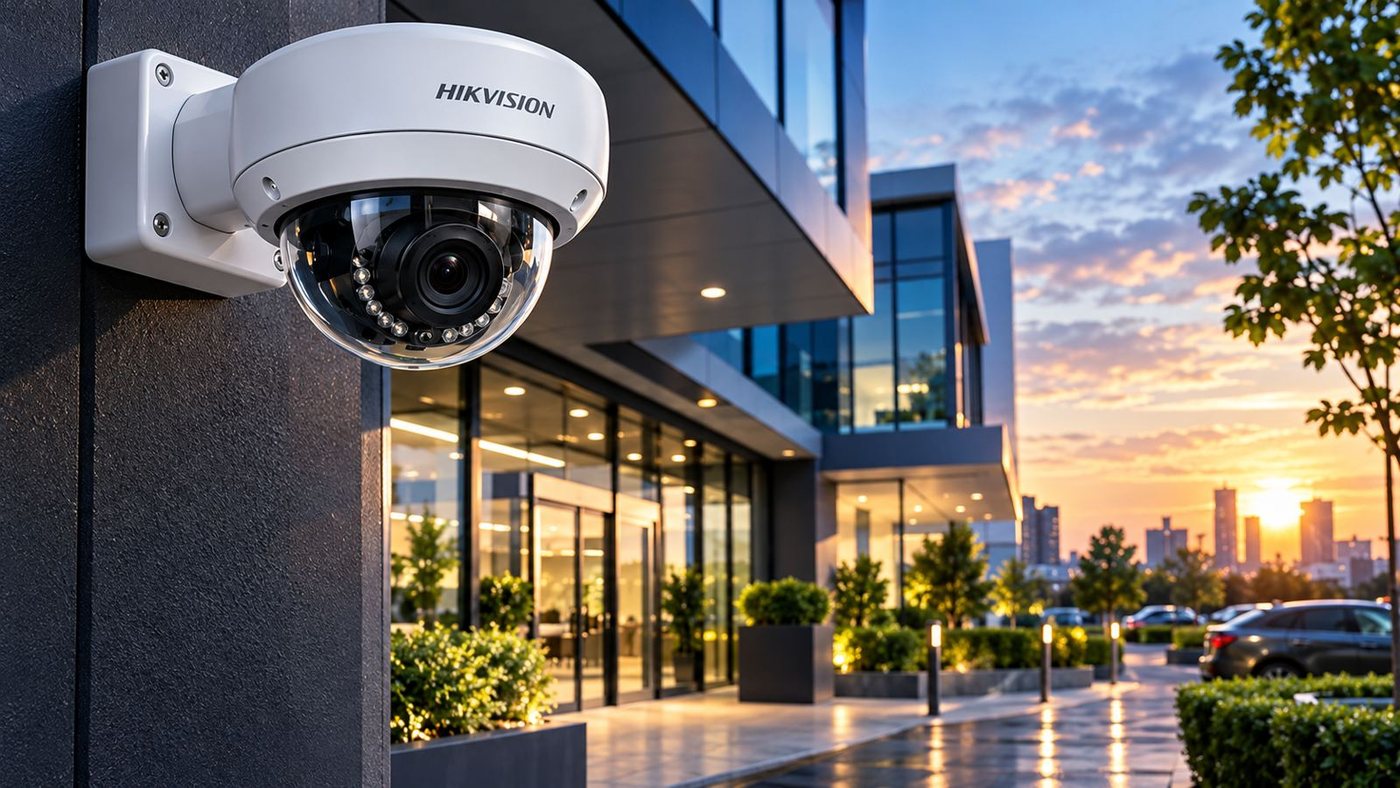 Hikvision dome camera outside a modern office building