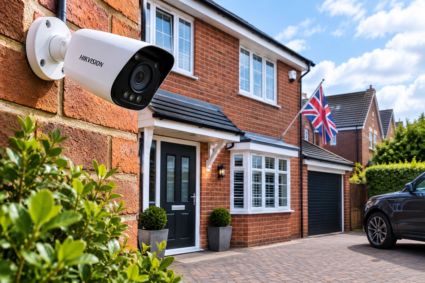 Hikvision CCTV camera fitted to the brick wall of a British house