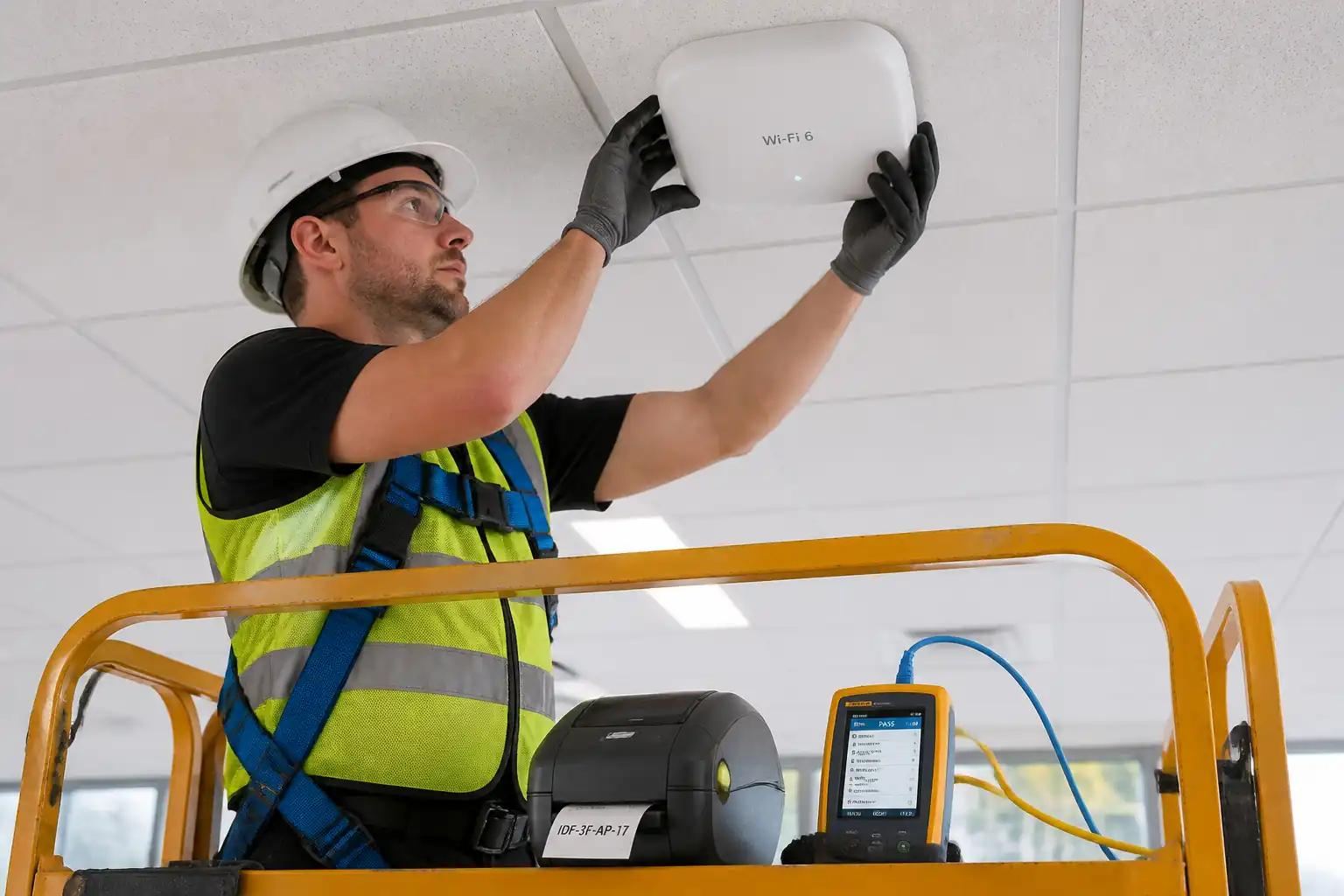 Engineer installing a Wi-Fi 6 access point